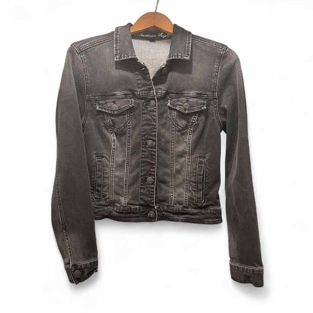 American Eagle Outfitters Jean Jacket Black Denim Pockets TruckerWomen L Large